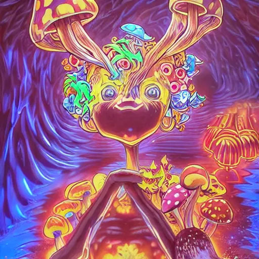 Image similar to anime 4 k headshot portrait of a psychedelic demonic anthropomorphic deer with mushroom themed clothes, magic mushroom village in background by jeff easley, award winning, stylized neon, post - processing, masterpiece, superb resolution. in the art style of junji ito and greg rutkowski. detailed mushroom city in background. hyper realistic anime. perfect art. dalle 2