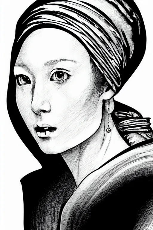 Image similar to beautiful portrait of a woman, negative no not the girl with a pearl earring, highly detailed ink illustration of a narrow neon lit tokyo alley, b & w clean shaped illustration by kim jung gi, ric estrada, ron english and eiichiro oda