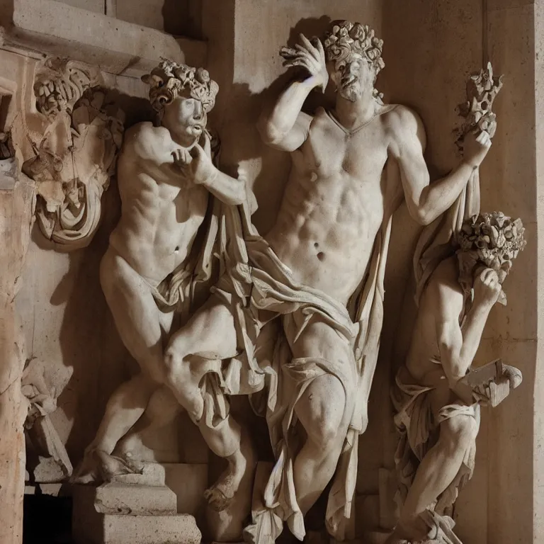 Image similar to at the rave, Dionysus drinks wine to forget his painful memories, ancient greek sculpture