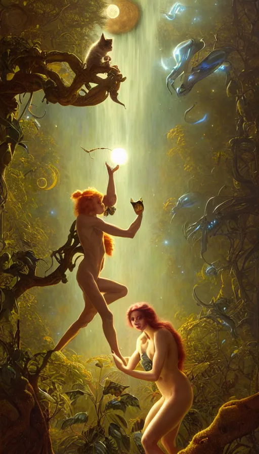 Image similar to hyper realistic aliens battling a golden goddess, lush plants, kittens, full moon, light rays, gnarly trees by tom bagshaw, mucha, gaston bussiere, craig mullins, j. c. leyendecker 8 k