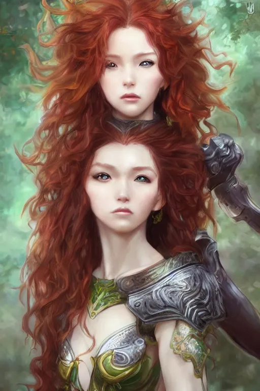 Prompt: A realistic anime portrait of long curly haired redhead female ranger wearing an intricate fantasy ranger outfit, asian facial features, green eyes, digital painting, by Stanley Artgerm Lau, Sakimichan, WLOP and Rossdraws, digtial painting, trending on ArtStation, SFW version