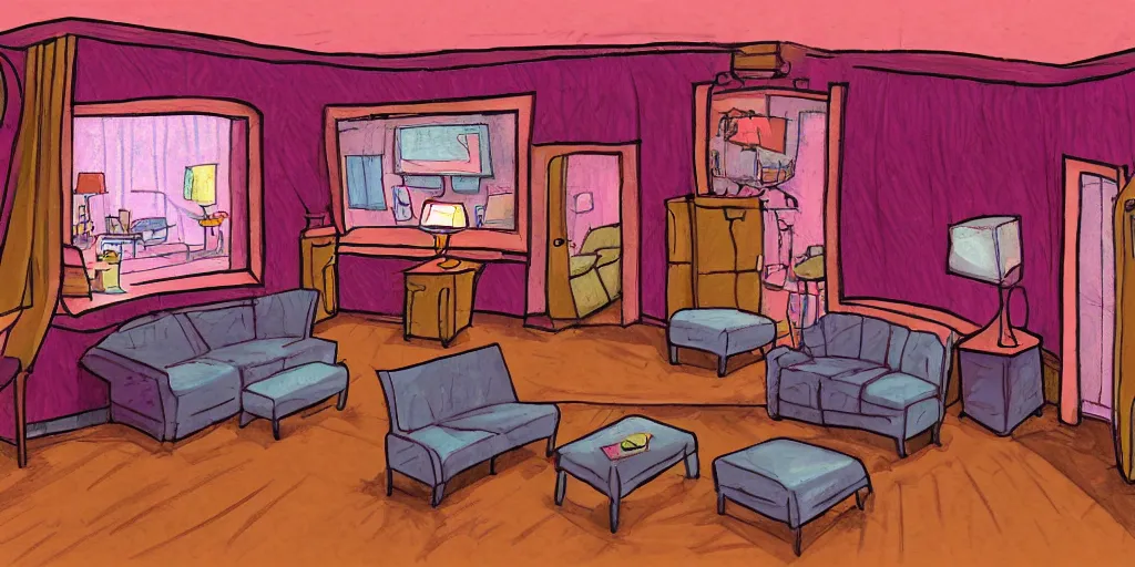 Image similar to a dimly lit, theater dressing room, with a mirror, a chair, a couch, day of the tentacle style, drawn by Peter Chan, 5 point perspective