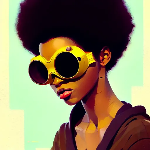 Image similar to Beautiful woman wearing goggles profile picture by Greg Rutkowski, brown skin, afro hair, asymmetrical, studio ghibli, Organic Painting , Matte Painting, geometric shapes, hard edges, street art, trending on the artstation, realistic by Sachin Teng,