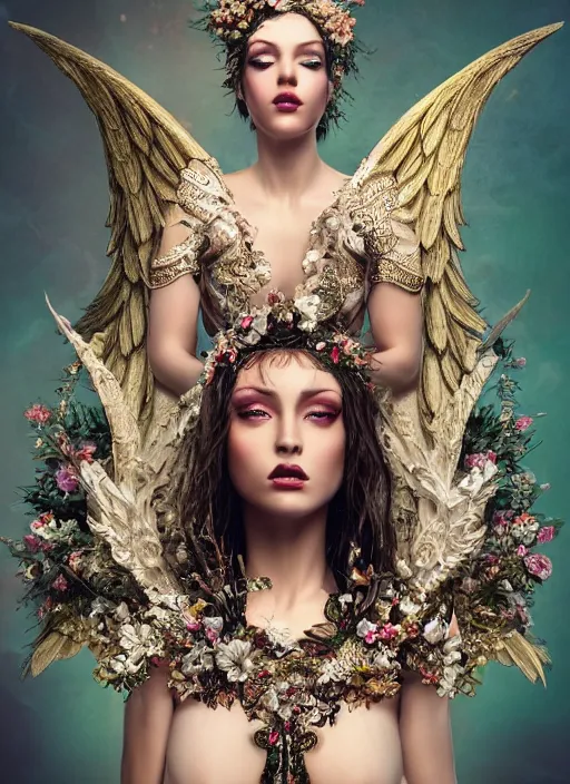 Image similar to expressive full body photo of a female model as beautiful angel, ornate headpiece made from flowers, ornaments, glamour shot, by karol bak, by stefan gesell, octane render, unreal engine, photorealistic, canon r 3, fashion photography, studio shot, environmental portrait, dark fantasy, dark beauty, magazine