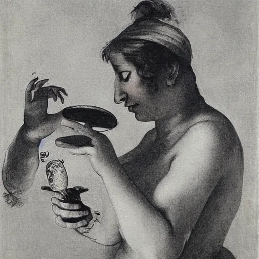 Image similar to A performance art. A rip in spacetime. Did this device in her hand open a portal to another dimension or reality?! cow print by Théodore Géricault unified