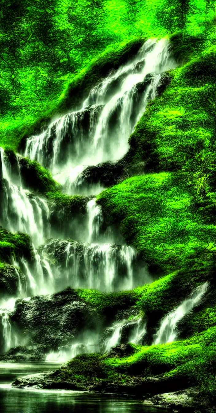 Prompt: realistic photo of waterfalls flowing from lush green mountains, very sharp focus, in the style of greg rutswoski, very hyper realistic, highly detailed, fantasy art station