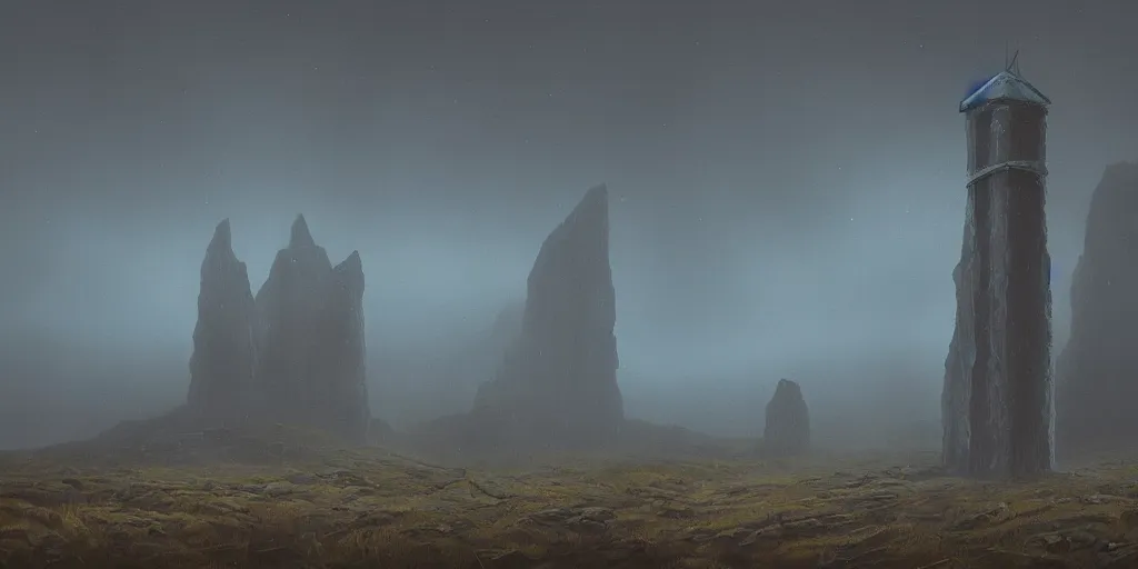 Image similar to A digital painting by Simon Stålenhag of Iceland´s gravel road monumental old ruins tower of a dark misty forest,overcast, sci-fi of Iceland landscape.