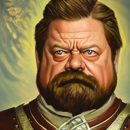 Image similar to a hyperrealistic painting of a dwarven cleric that looks like ron swanson looking stoicly to the right, golden hour, alex ross