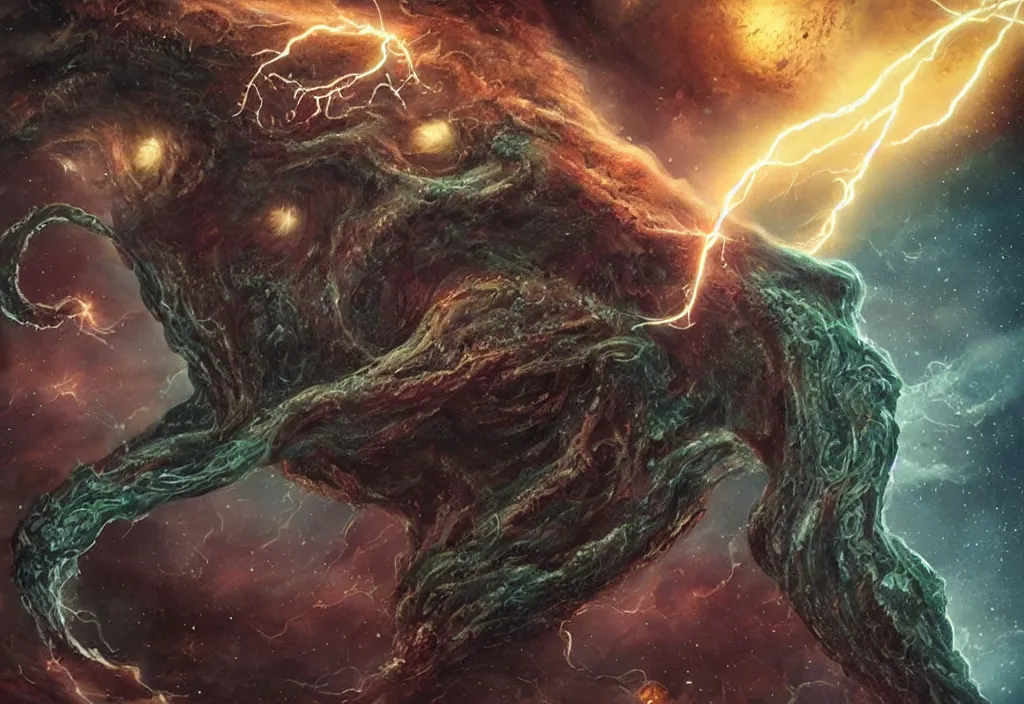 Image similar to eldritch lovecraftian monster. In Space. Realistic, cinematic lightning