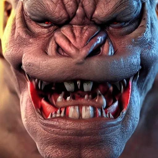 Image similar to An vicious orc portrait, highly detailed, photorealism, zbrush sculpt, substance painter, texturing XYZ, Subsurface scattering, cinematic lighting, Unreal engine 5, octane render, cinema4d, vray, redshift, keyshot, Arnold render