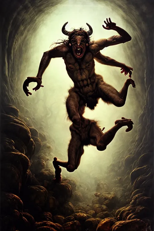 Prompt: satyr jumping and screaming by anna podedworna, ayami kojima, greg rutkowski, giger, maxim verehin