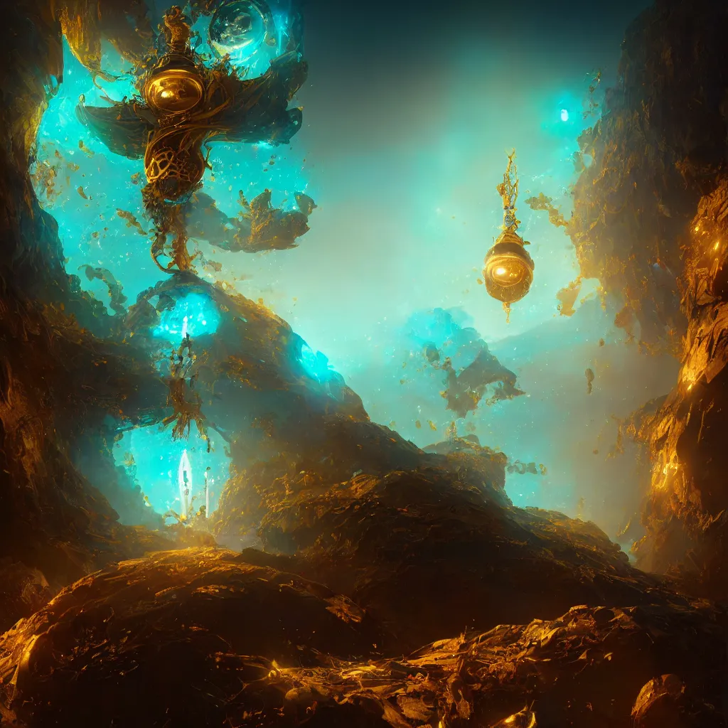 Image similar to within a flower the whole and finite capsule apparent with awe the apparition, an idea seep's into infinity highly detailed in volumetric latent space, golden turquoise steampunk, high contrast cinematic light, mystical shadows, sharp focus, divine realm of gods, octane render, artist by greg rutkowski,