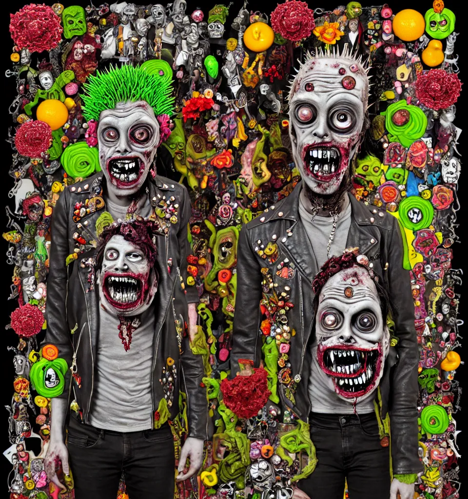 Image similar to portrait of a zombie punk rock star, leather jacket, ripped jeans, spikes, head made of fruit gems and flowers in the style of arcimboldo, basil wolverton, kenny scharf, cartoonish graphic style, street art, silkscreen pop art, action figure, clay sculpture, claymation, dramatic stage scene, spotlight lighting