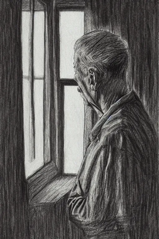 Prompt: an older man looking out the window by raymond briggs, very coherent and colorful high contrast, pencil drawing, sad lighting, somber mood