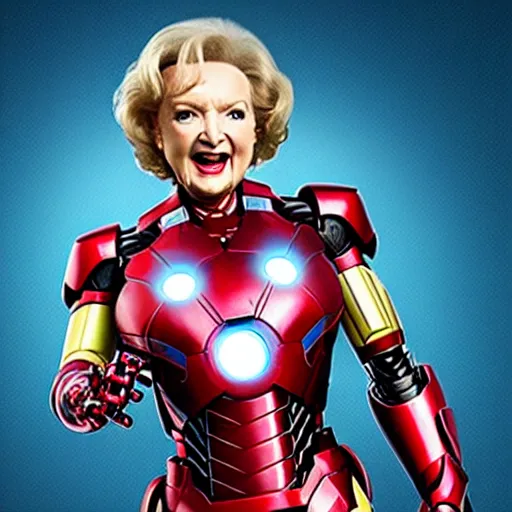 Image similar to promotional still of betty white as marvel's iron man [ film ], hero pose but shy, action, adventure, romance, imax 7 0 mm, 4 k