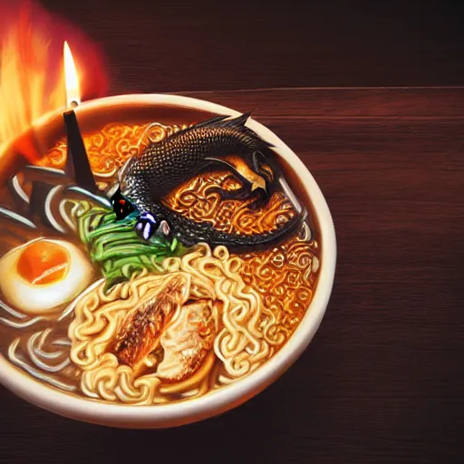 Image similar to dragon eating bowl of ramen in restaurant, traditional restaurant, wooden, candlelit, digital art