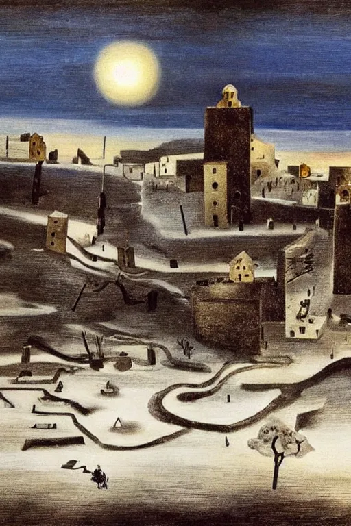 Prompt: A snowy infinite landscape with a candlelit town by Salvador Dali .