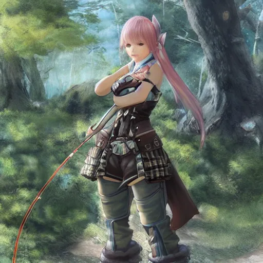 Image similar to y'shtola, final fantasy xiv, fishing in the forest, concept art, highly detailed, catgirl