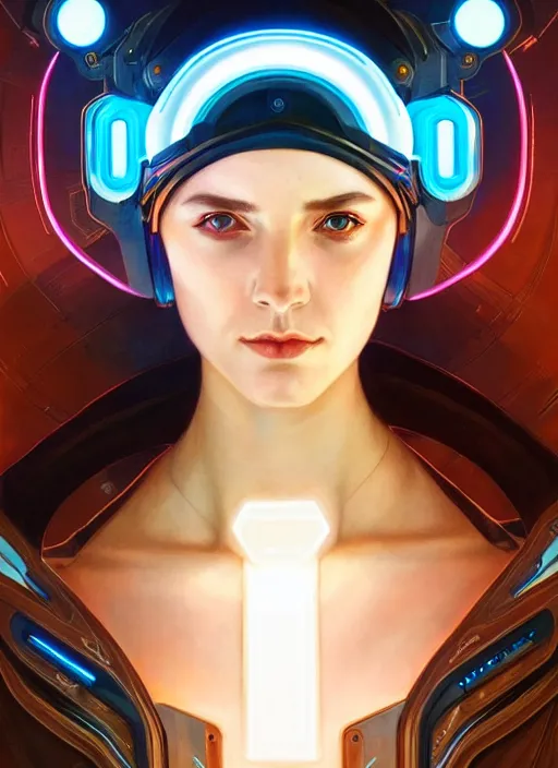 Prompt: symmetry portrait of a very beautiful caucasian young cyberpunk woman wearing a visor, sci - fi, tech wear, glowing lights intricate, elegant, highly detailed, digital painting, artstation, concept art, smooth, sharp focus, illustration, art by artgerm and greg rutkowski and alphonse mucha