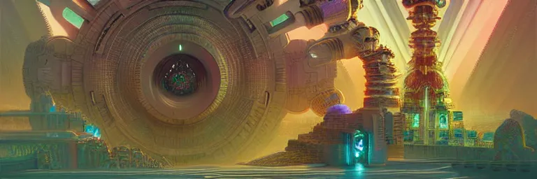 Prompt: a sprawling miniature cybernetic temple, surrounded by fractals, cybernetic faces, vaporwave aesthetic, colorful, psychedelic, digital painting, artstation, concept art, smooth, sharp focus, illustration, art by artgerm and greg rutkowski and alphonse mucha