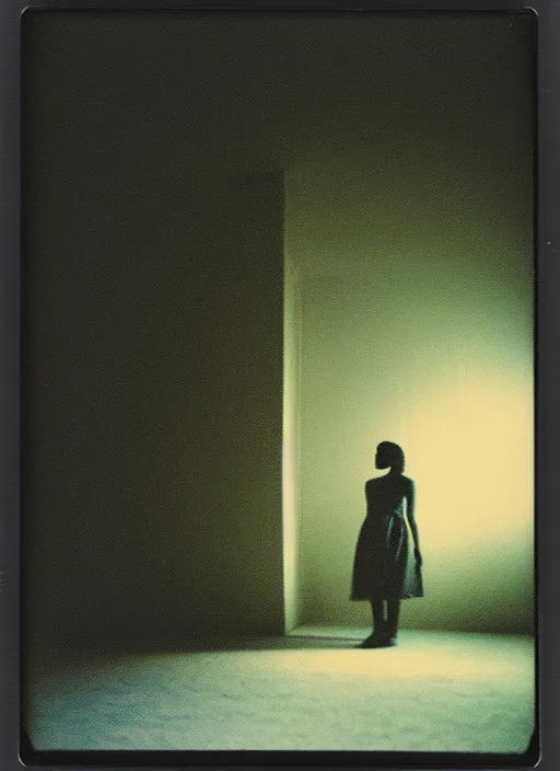 Prompt: a bright silhouette hovers above the ground inside of a hall. liminal, cozy, dramatic soft color lighting ( 1 9 8 4 ). featured polaroid