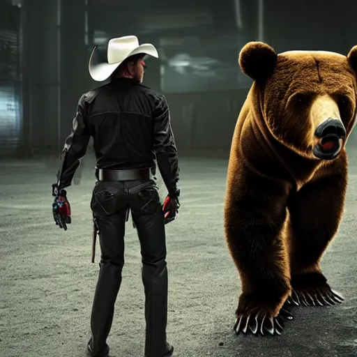 Prompt: a terminator android dressed as a cowboy while mounting a bear, 8 k, movie still, high detail, hyperrealistic, 2 0 7 7, cyberpunk aesthetic