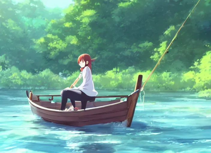 Image similar to a girl fishing on a wooden boat in a river, wide shot, peaceful and serene, incredible perspective, anime scenery by Makoto Shinkai, very detailed