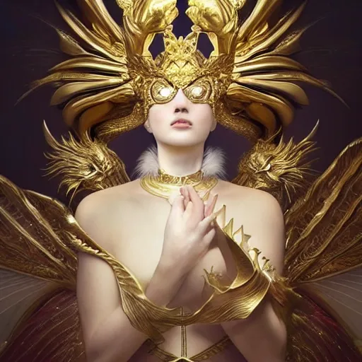 Image similar to Perfectly-centered portrait-photograph of a real life golden white king dragon from heaven, lifelike, super highly detailed, professional digital painting, artstation, concept art, Unreal Engine 5, Photorealism, HD quality, 8k resolution, cinema 4d, 3D, beautiful, cinematic, art by artgerm and greg rutkowski and alphonse mucha and loish and WLOP