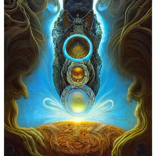 Image similar to The portal master tarot card by Tomasz Alen Kopera and Moebius and salvador dali, impressive perspective, masterpiece
