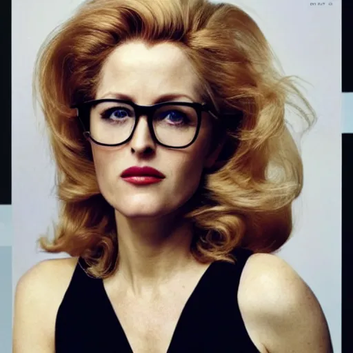 Prompt: photo of a gorgeous Gillian Anderson 1980s cyberpunk hairstyle nerdy glasses by Mario Testino, detailed, full body shot, award winning, Sony a7R