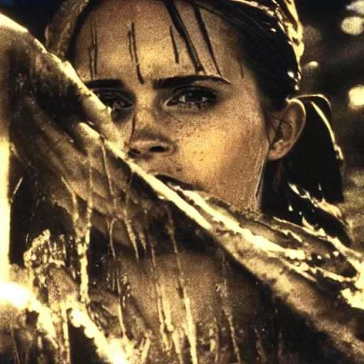 Image similar to film still, close up, emma watson rising out of muddy vietnam river, face covered in mud, combat helmet, low camera angle at water level, night time, film still from apocalypse now ( 1 9 7 9 ), 2 6 mm polaroid polaroid polaroid polaroid polaroid expired expired expired,