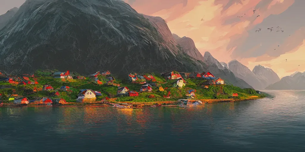 Prompt: a small fishing village nestled in the fjords of norway by alena aenami, petros afshar speedart