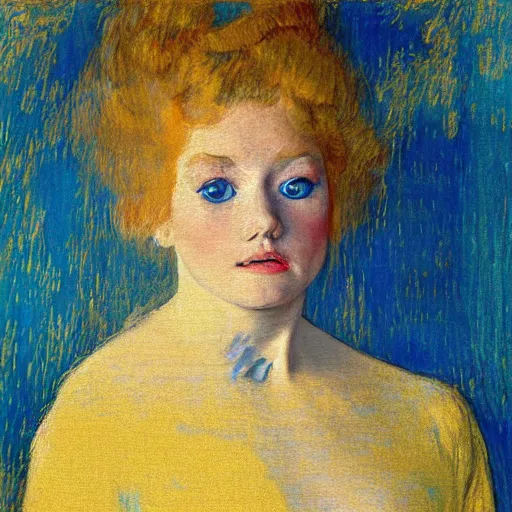 Image similar to palette knife oil painting portrait of a girl in a blue and gold room, film still by goya, by henri de toulouse - lautrec, by klimt, by pontormo, extreme detail, liminal aesthetic, artgerm, deviant art, octane, substance, art history 8 k, art nouveau