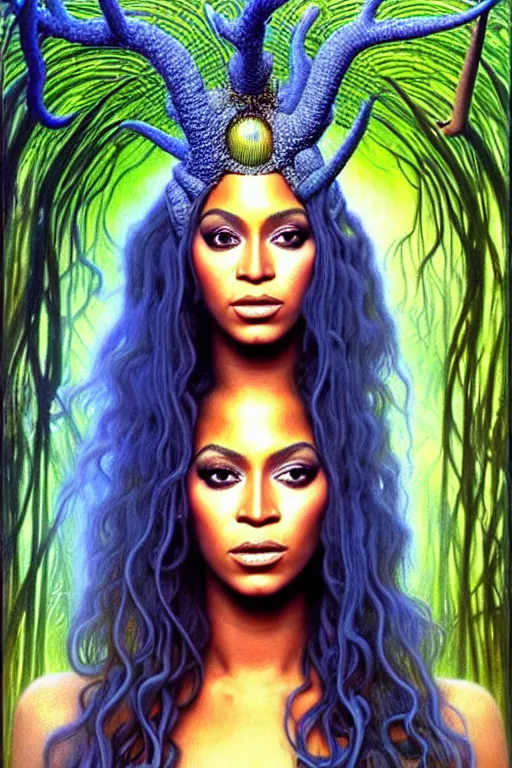 Image similar to realistic detailed face portrait painting of the beautiful beyonce with long hair with sci-fi headwear, futuristic sci-fi forest on background by Jean Delville, Amano, Yves Tanguy, Alphonse Mucha, Edward Robert Hughes, Roger Dean, rich moody colours, blue eyes