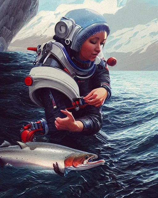 Image similar to a female astronaut catching salmon in alaska, real life skin, intricate, highly detailed, artstation, concept art, smooth, sharp focus, art by artgerm and greg rutkowski