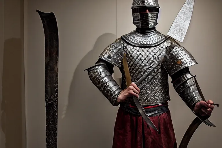 Image similar to photo of a reconstruction of a balkan tatar knight holding a sword, displayed in a museum