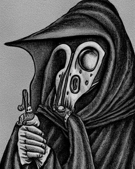 Image similar to a plague doctor holding his mask, mask in hand, black robes, detailed art by greg rukowtski