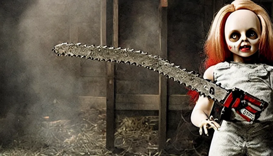 Prompt: big budget horror movie about an evil killer doll with a chainsaw