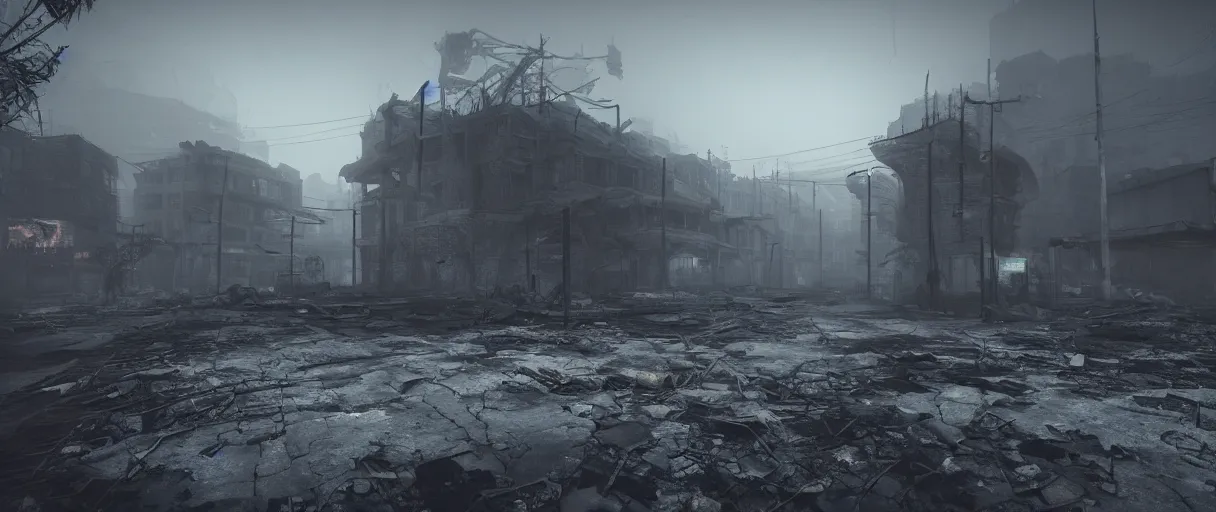 Image similar to post-apocalyptic urban warfare nightmare, decaying wasteland enshrouded in swirls of radioactive fog , high quality, volumetric lighting, cryengine, 8k