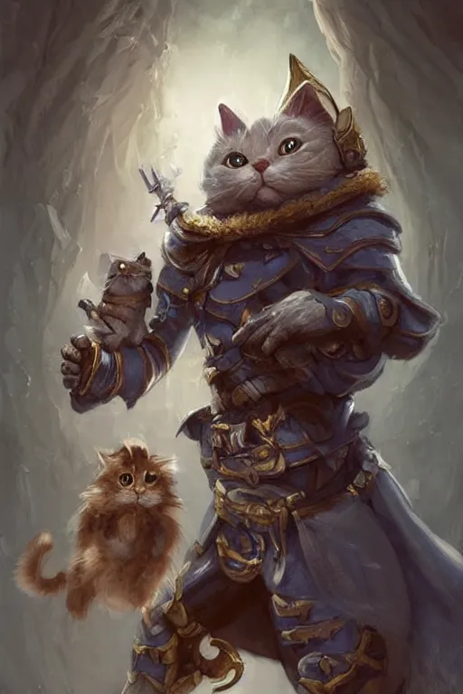 Image similar to cute little anthropomorphic cat knight wearing a cape and a crown, tiny, small, miniature cat , baby animal, short, pale blue armor, cute and adorable, pretty, beautiful, DnD character art portrait, matte fantasy painting, DeviantArt Artstation, by Jason Felix by Steve Argyle by Tyler Jacobson by Peter Mohrbacher, cinematic lighting