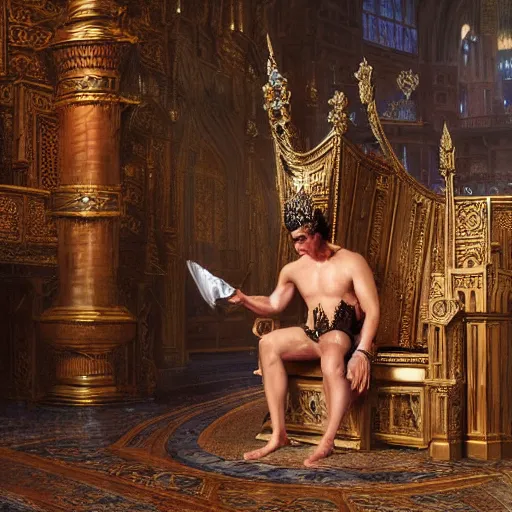 Prompt: highly detailed mehmet oz in his swimsuit bowing to donald trump who is sitting at the throne in a massive church, donald trump is wearing a crown and has photos of himself on the wall behind him, highly detailed, game of thrones style, 4 k, painting by gaston bussiere, craig mullins, greg rutkowski, yoji shinkawa