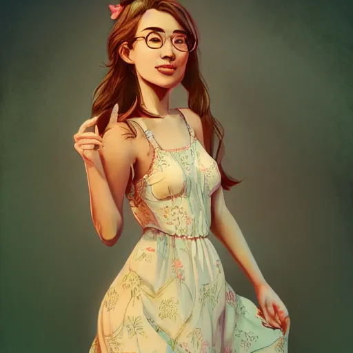 Prompt: beautiful young woman in a sundress, trending on artstation, intricate details, in the style of samdoesarts and rossdraws, hyperrealistic, 4 k, dynamic lighting