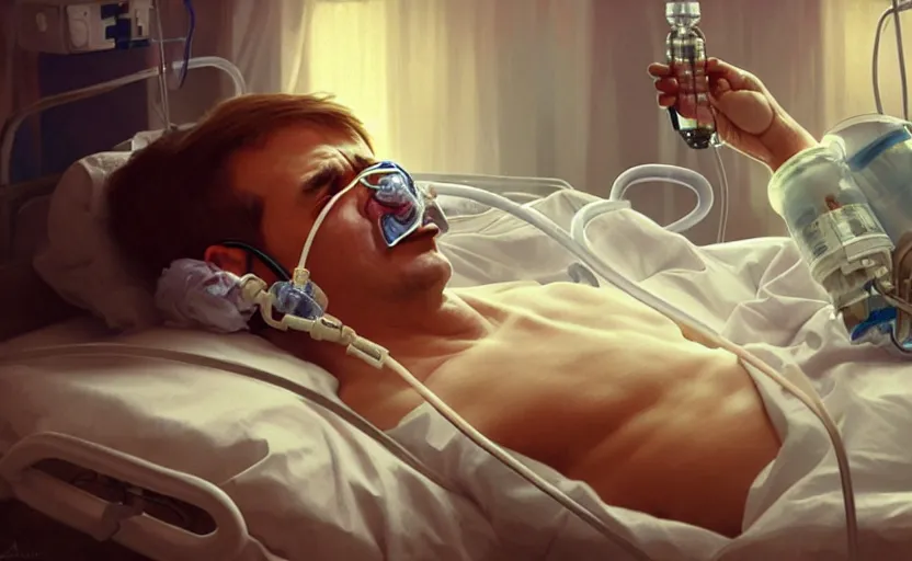 Prompt: Putin suffocates with oxygen mask on a hospital bed, intricate, portrait, highly detailed, digital painting, artstation, concept art, smooth, sharp focus, illustration, cinematic lighting, art by artgerm and greg rutkowski and alphonse mucha