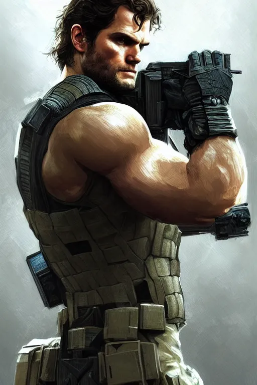 Image similar to portrait of henry cavill as solid snake, metal gear solid, upper body,, henry cavill!!!, fantasy, intricate, elegant, highly detailed, digital painting, artstation, concept art, smooth, sharp focus, illustration, art by artgerm and greg rutkowski and alphonse mucha