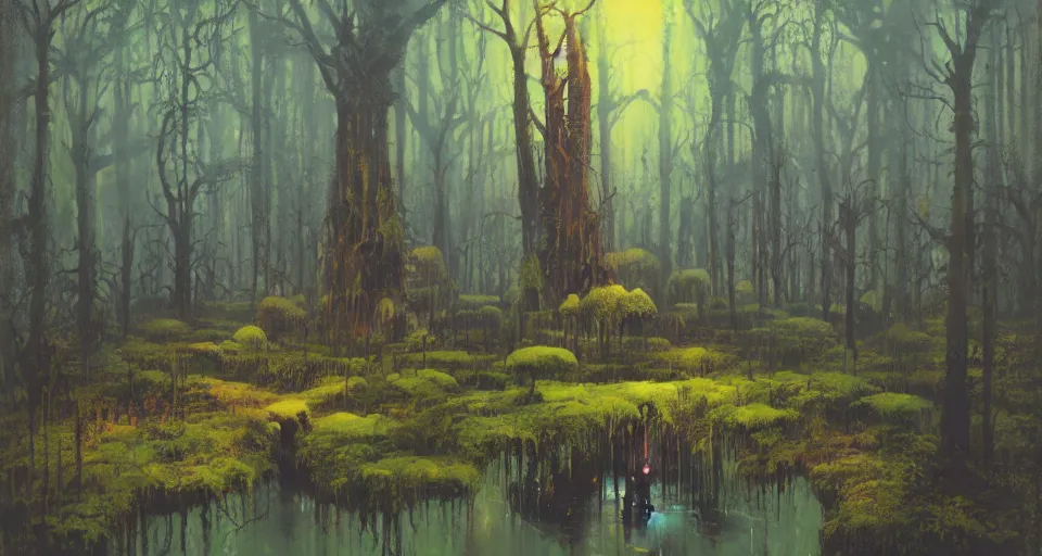 Prompt: A dense and dark enchanted forest with a swamp, by PAUL LEHR ,