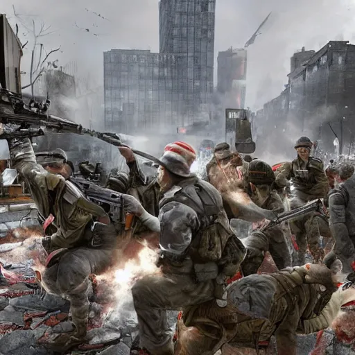 Image similar to The war between the Soviet Union and America, the action takes place in New York, far away against the background of the Statue of Liberty, a lot of soldiers and military equipment, a lot of explosions and tracer bullets, a lot of ruins, a very epic battle, The style of photography of the 80s, very detailed and detailed style
