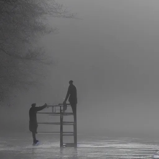 Prompt: a hand holding a step ladder emerges from the mist