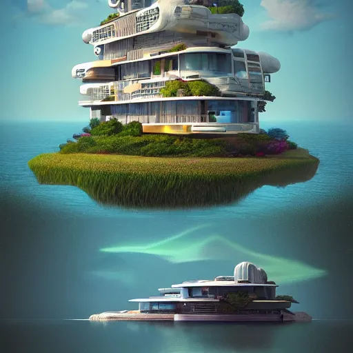 Image similar to A beautiful private futuristic overgrown tiny island high rise mansion rising from a wavy lake, an ornate mini-yacht offshore, by beeple and stalenhag and Lee madgwick and Phil straub, trending on artstation