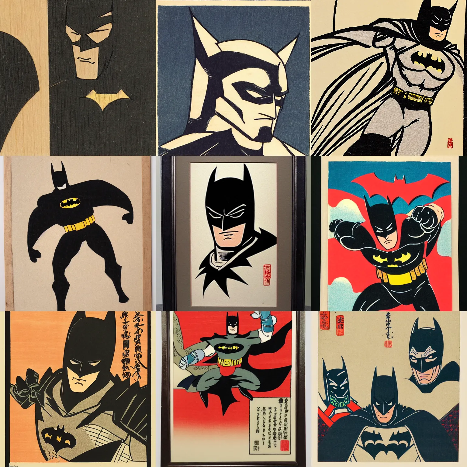 Prompt: Batman, japanese woodblock print