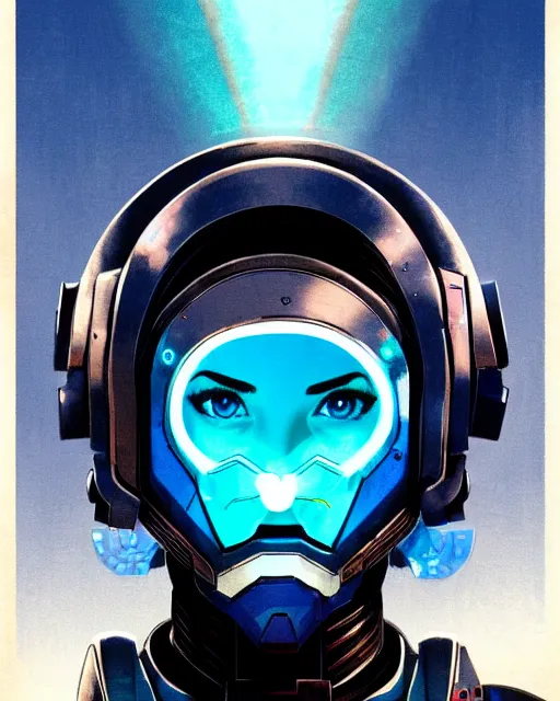 Image similar to echo from overwatch, blue hologram female face, grace kelly, character portrait, portrait, close up, concept art, intricate details, highly detailed, vintage sci - fi poster, retro future, in the style of chris foss, rodger dean, moebius, michael whelan, and gustave dore